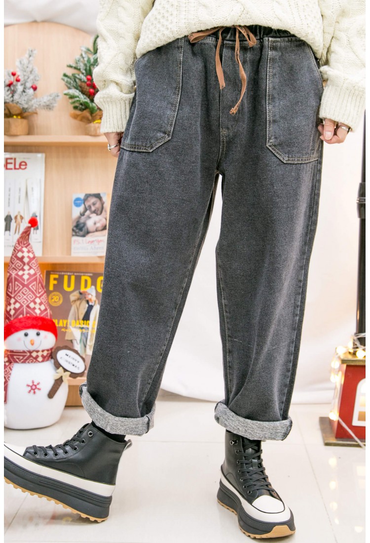 2215-1220A- 型格 - 橡根腰束繩 ‧ 闊直腳牛仔褲 (韓國) 0